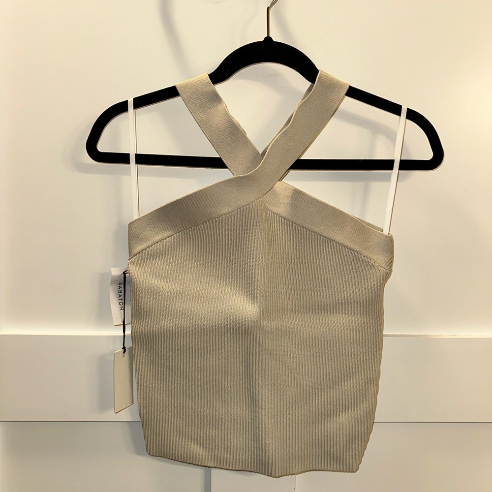Aritzia Beige Ribbed Cross-Back Tank Top Babaton